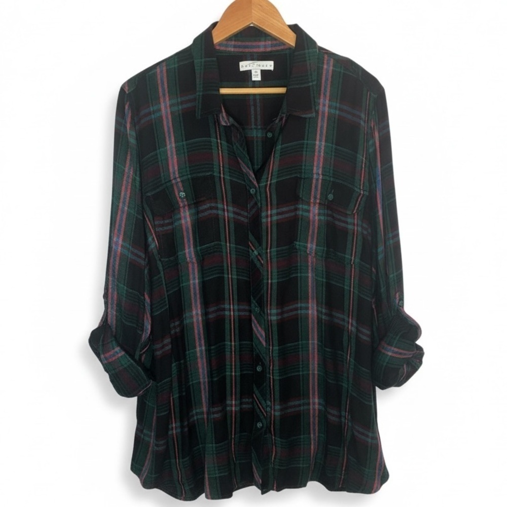 Boutique+ Relaxed Fit Plaid Button Down Shirt 3X Roll Sleeves